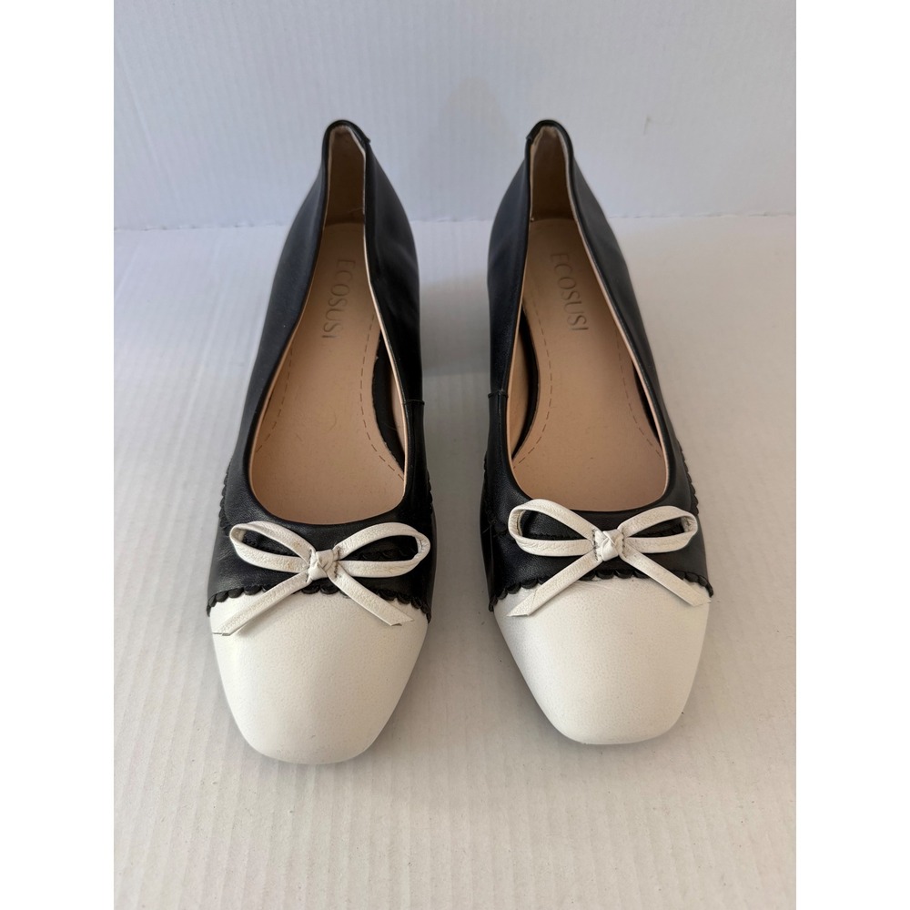Ecosusi Pumps Two-Tone Block Heel 250 Black White Retro Bow Scalloped Trim